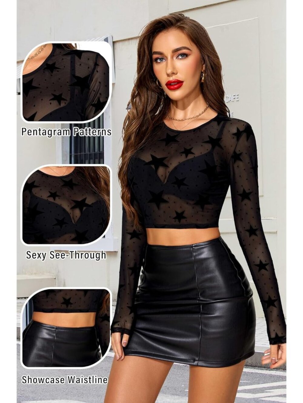 Women's C-Black Sexy Crop Top Mesh Long Sleeve See Through Clubwear Sheer - Picture 4 of 6